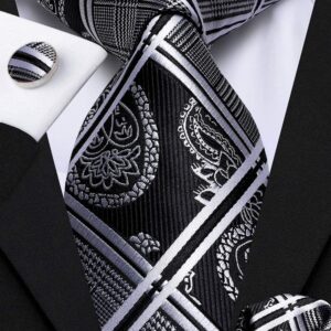 Hi-Tie 3/5 Pcs Gift Box Mens Tie Set Necktie with Pocket Square and Cufflinks Silk Neck Tie Collection,Black