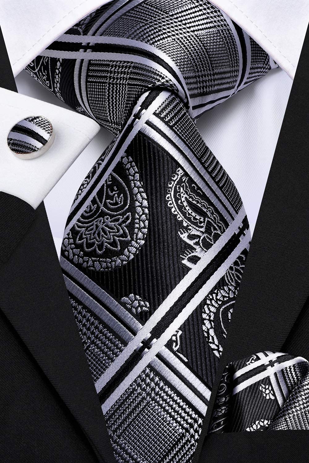 Hi-Tie 3/5 Pcs Gift Box Mens Tie Set Necktie with Pocket Square and Cufflinks Silk Neck Tie Collection,Black