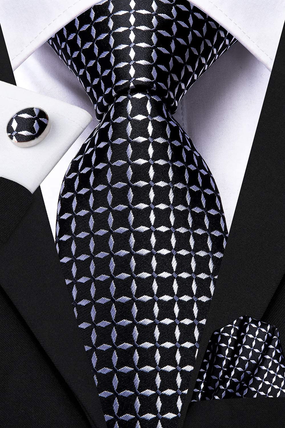 Hi-Tie 3/5 Pcs Gift Box Mens Tie Set Necktie with Pocket Square and Cufflinks Silk Neck Tie Collection,Black