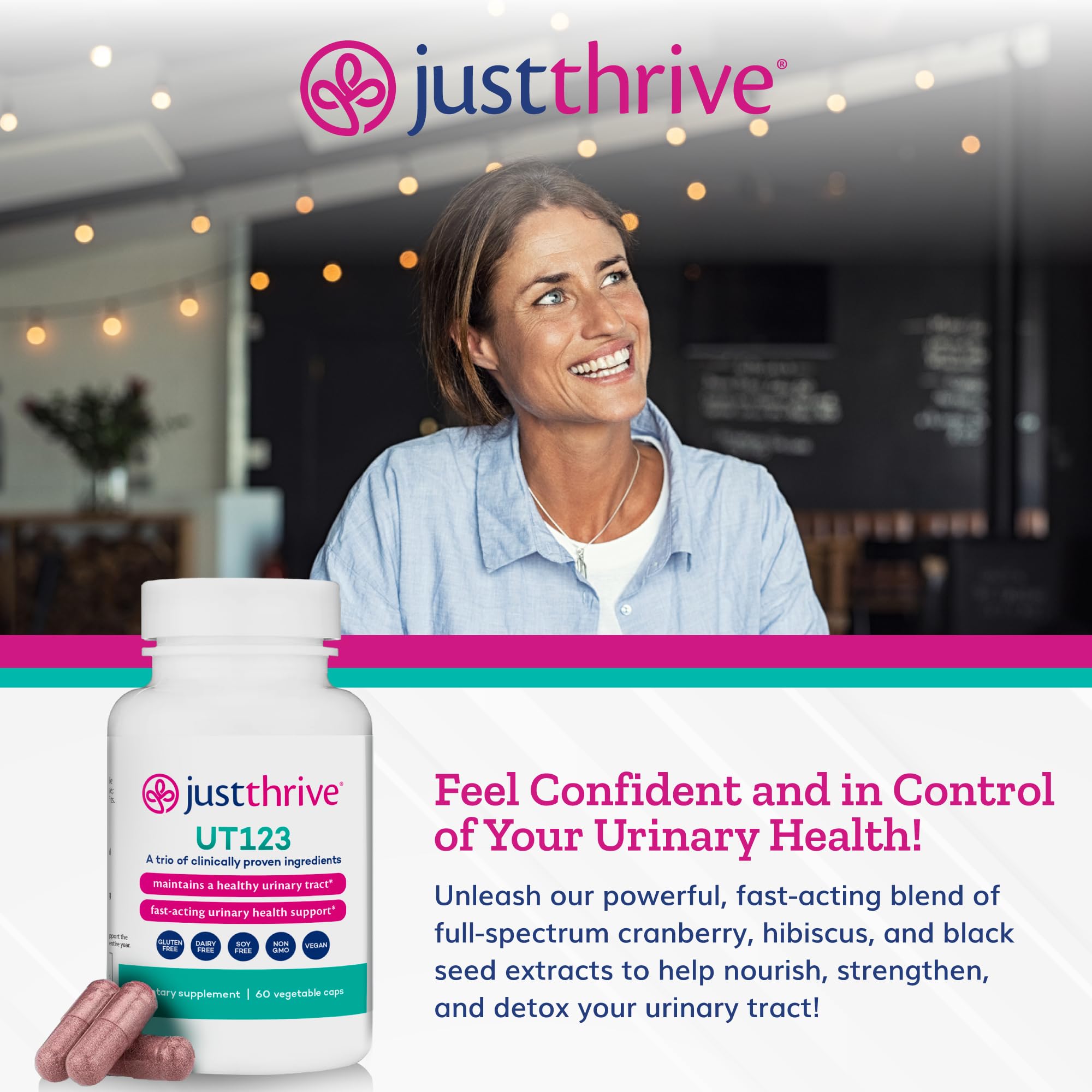 Just Thrive UT123 - Supports Urinary Tract Health for Women - Made with Cranberry, 60 Capsules