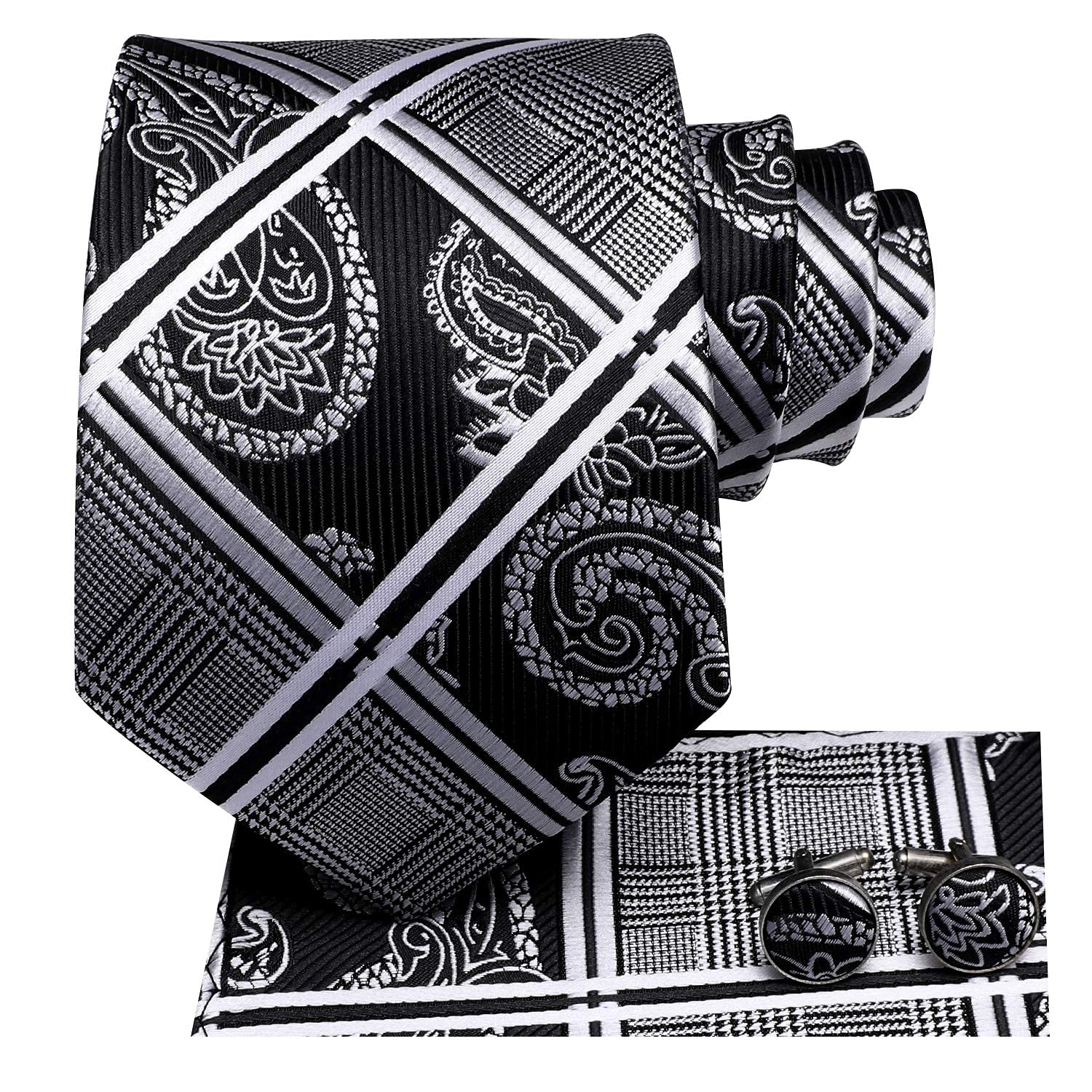 Hi-Tie 3/5 Pcs Gift Box Mens Tie Set Necktie with Pocket Square and Cufflinks Silk Neck Tie Collection,Black