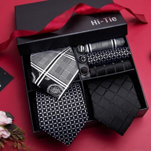 Hi-Tie 3/5 Pcs Gift Box Mens Tie Set Necktie with Pocket Square and Cufflinks Silk Neck Tie Collection,Black