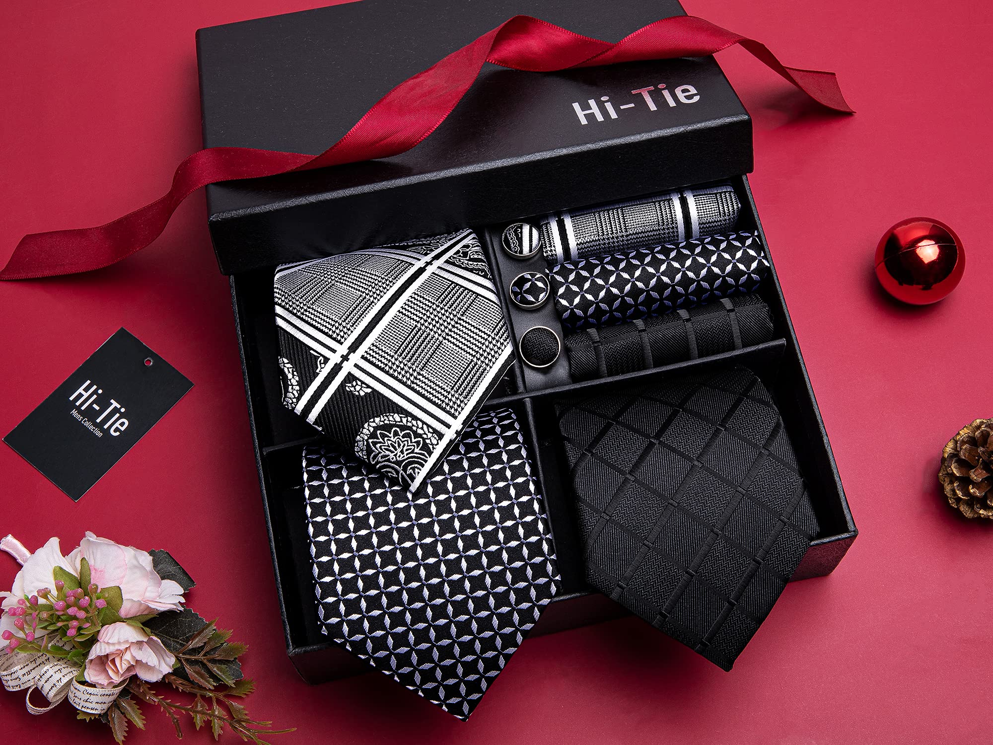 Hi-Tie 3/5 Pcs Gift Box Mens Tie Set Necktie with Pocket Square and Cufflinks Silk Neck Tie Collection,Black