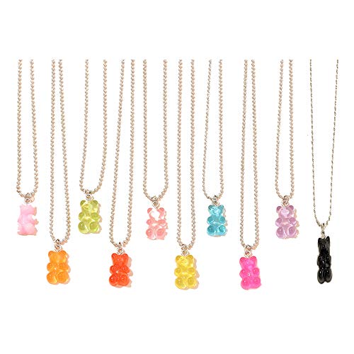 10 Pcs Colorful Resin Gummy Bear Pendant Necklace Cute Transparent Rainbow Candy Color Bear Chain Necklaces Accessories Lovely Twinkling Animal Punk Party Jewelry for Women Gifts