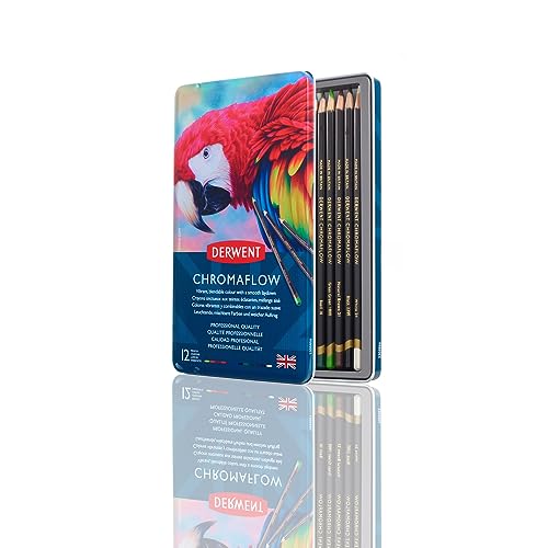 Derwent Chromaflow Colored Pencils Tin, Set of 12, Great for Holiday Gifts, 4mm Wide Core, Multicolor, Smooth Texture, Art Supplies for Drawing, Blending, Sketching, Professional Quality (2305856)