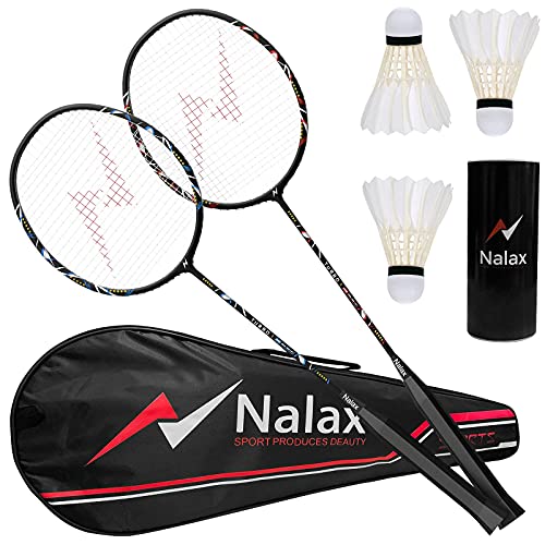 Nalax Badminton Set,2 Player Badminton Rackets Carbon Fiber Badminton Racquet with 3 Shuttlecocks and 1 Carrying Bag,Badminton Backyard Games for Outdoor,Garden,Beach,Family Fun Game