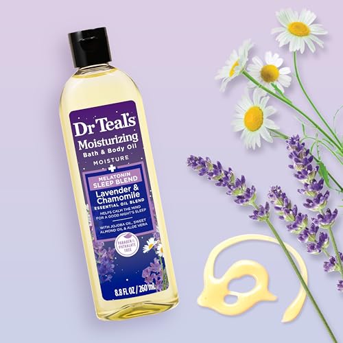 Dr Teal's Moisturizing Bath & Body Oil, Sleep Blend with Melatonin, Lavender & Chamomile Essential Oils, 8.8 fl oz.