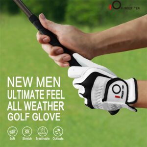 FINGER TEN Golf Gloves Men Right Left Handed Golfer 3/6 Pack Mens Golf Glove Left Right Hand Soft Cabretta Leather All Weather Grip Size S M ML L XL (White-3 Pack, Medium, Left)