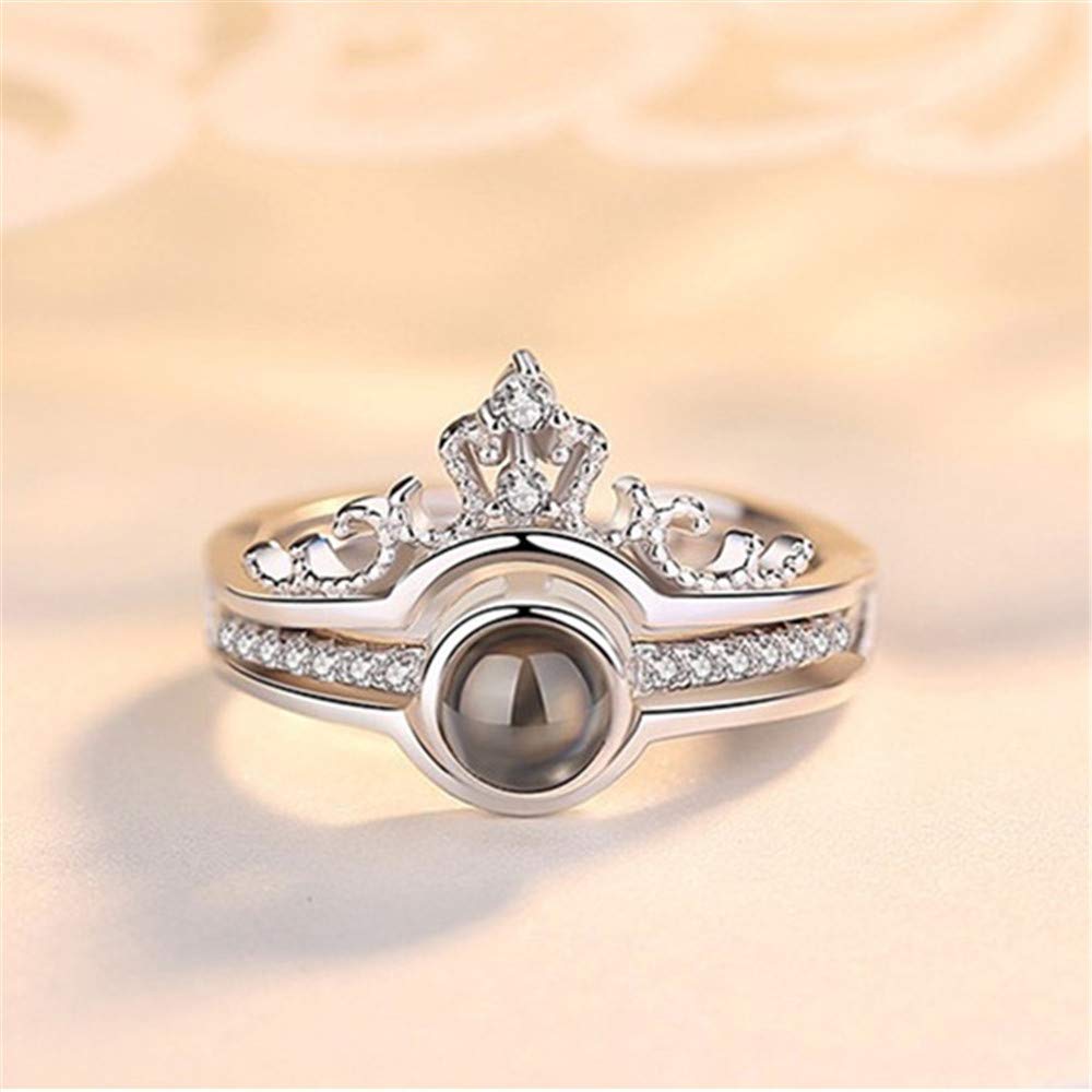 AILIN 100 Languages I Love You Personalized Photo Projection Ring Set With Crown 925 Stelring Silver Custom Picture Text Rings Wedding Birthday Jewelry Gifts For Women