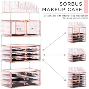 Sorbus Large Makeup Organizer - Clear Stackable Jewelry & Makeup Organizer For Vanity, Bathroom Storage, Dresser - 12 Drawers Cosmetic Beauty Organizers and Storage with Lipstick, Makeup Brush Holder