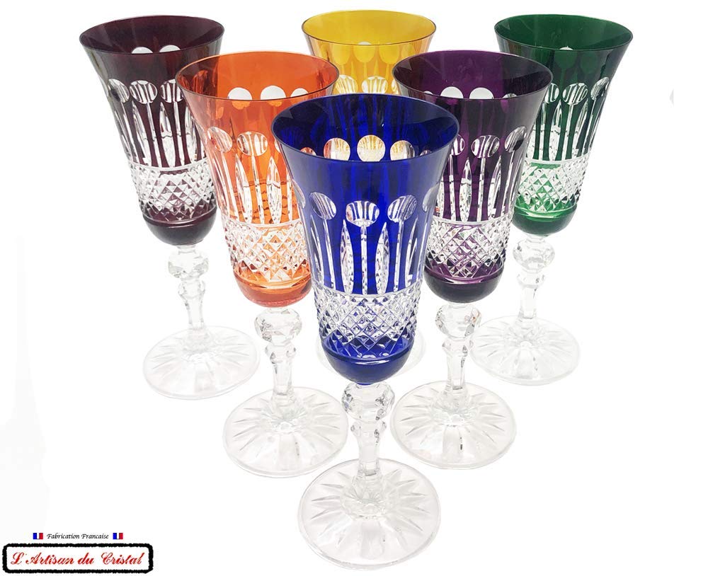 6 Flutes Colored Glasses for Champagne Crystal - 6 Colors Assortments - Roemer Service Diamant (17 cl) - Klein House - Company : Artisan du Cristal - Gift Set - Stamped : Klein 54120 Baccarat France