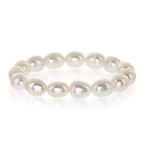 9.5mm-11mm aaaa white semi-baroque oval freshwater cultured pearl bride & bridesmaid stretch strand bracelet - 8"