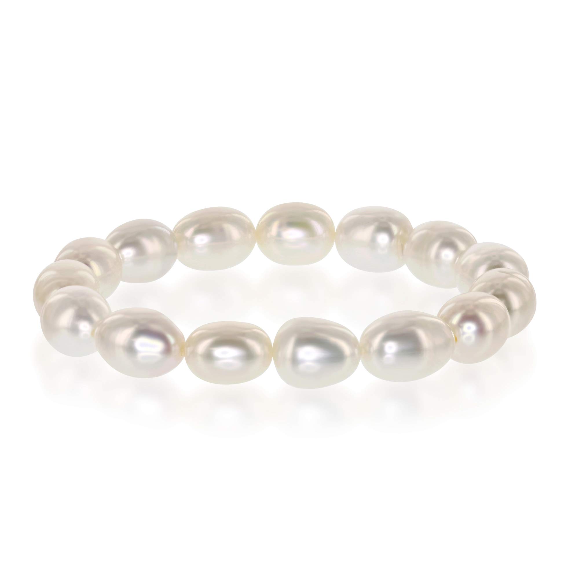 9.5mm-11mm AAAA White Semi-Baroque Oval Freshwater Cultured Pearl Bride & Bridesmaid Stretch Strand Bracelet - 8"