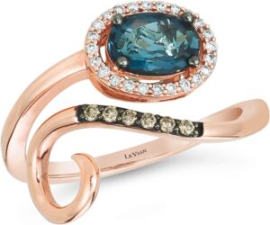 le vian 1/8 carat diamond and oval blue topaz bypass ring for women in 14k rose gold (g-h/fancy brown, vs2-si1, cttw) anniversary promise ring size 8