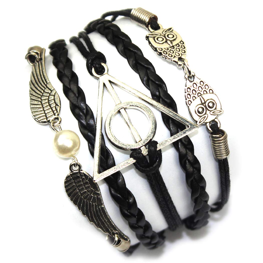 Handcrafted Harry Potter Bracelet, Antique Silver Harry Potter, Bead,Owls, Wings Charm Black Leather Bracelet Wristband Jewelry Gift