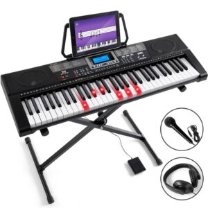 mustar piano keyboard, meks-500 61 key learning keyboard piano with lighted up keys, electric piano keyboard for beginners, stand, sustain pedal, headphones/microphone, usb midi, built-in speakers