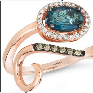 LE VIAN 1/8 Carat Diamond and Oval Blue Topaz Bypass Ring for Women in 14k Rose Gold (G-H/Fancy Brown, VS2-SI1, cttw) Anniversary Promise Ring Size 7