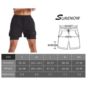 Surenow Mens 2 in 1 Running Shorts Quick Dry Athletic Shorts with Liner, Workout Shorts with Zip Pockets and Towel Loop Black