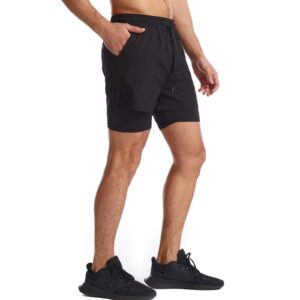 Surenow Mens 2 in 1 Running Shorts Quick Dry Athletic Shorts with Liner, Workout Shorts with Zip Pockets and Towel Loop Black