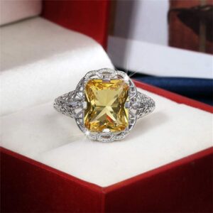 925 Sterling Silver Shining Citrine Ring Square perfect Cut 3Ct Cubic Zirconia Promise Rings CZ Yellow Gemstone Solitaire Ring Eternity Engagement Wedding Band Ring Sets for women TZ.74 (US Code 9)