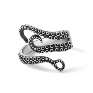 sa silverage stainless steel octopus ring, vintage adjustable mens jewelry punk goth cool rings for women men party wedding band sea monster