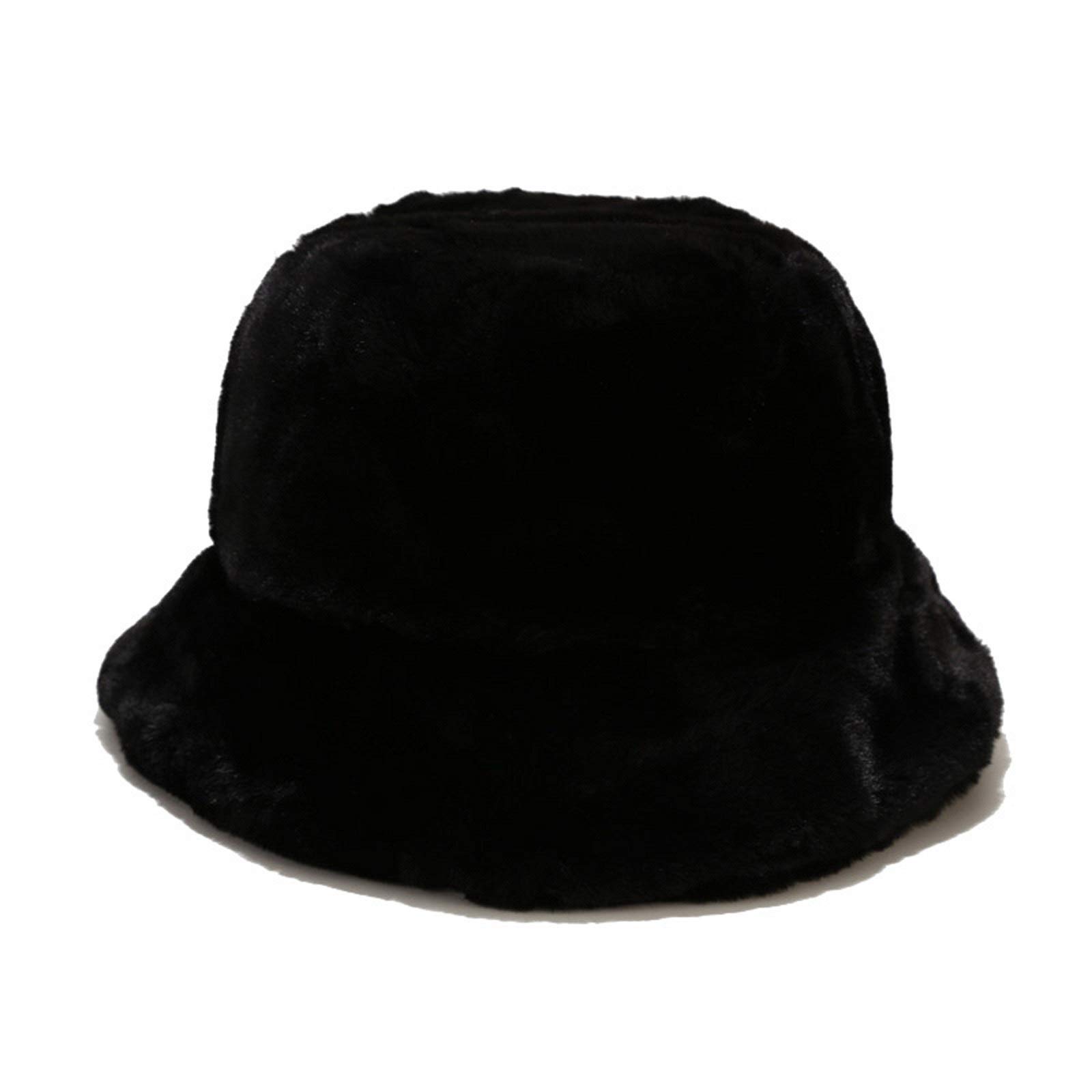 OCTEEN Faux Fur Bucket Hat Winter Fluffy Cap Fuzzy Warm Hat for Women Men A Black