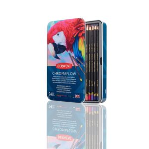 Derwent Chromaflow Colored Pencils Tin, Set of 24, Great for Holiday Gifts, 4mm Wide Core, Multicolor, Smooth Texture, Art Supplies for Drawing, Blending, Sketching, Professional Quality (2305857)