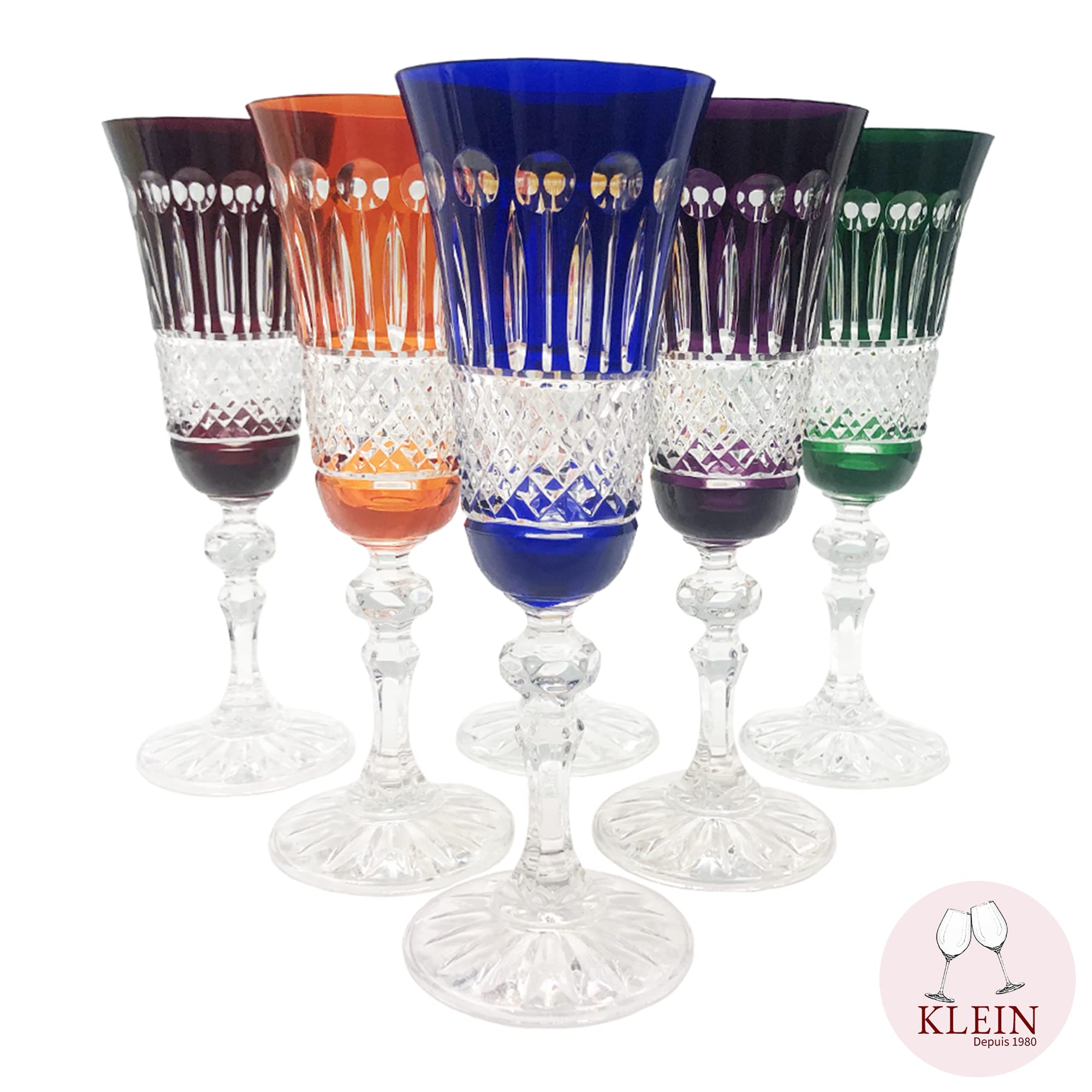 6 Flutes Colored Glasses for Champagne Crystal - 6 Colors Assortments - Roemer Service Diamant (17 cl) - Klein House - Company : Artisan du Cristal - Gift Set - Stamped : Klein 54120 Baccarat France