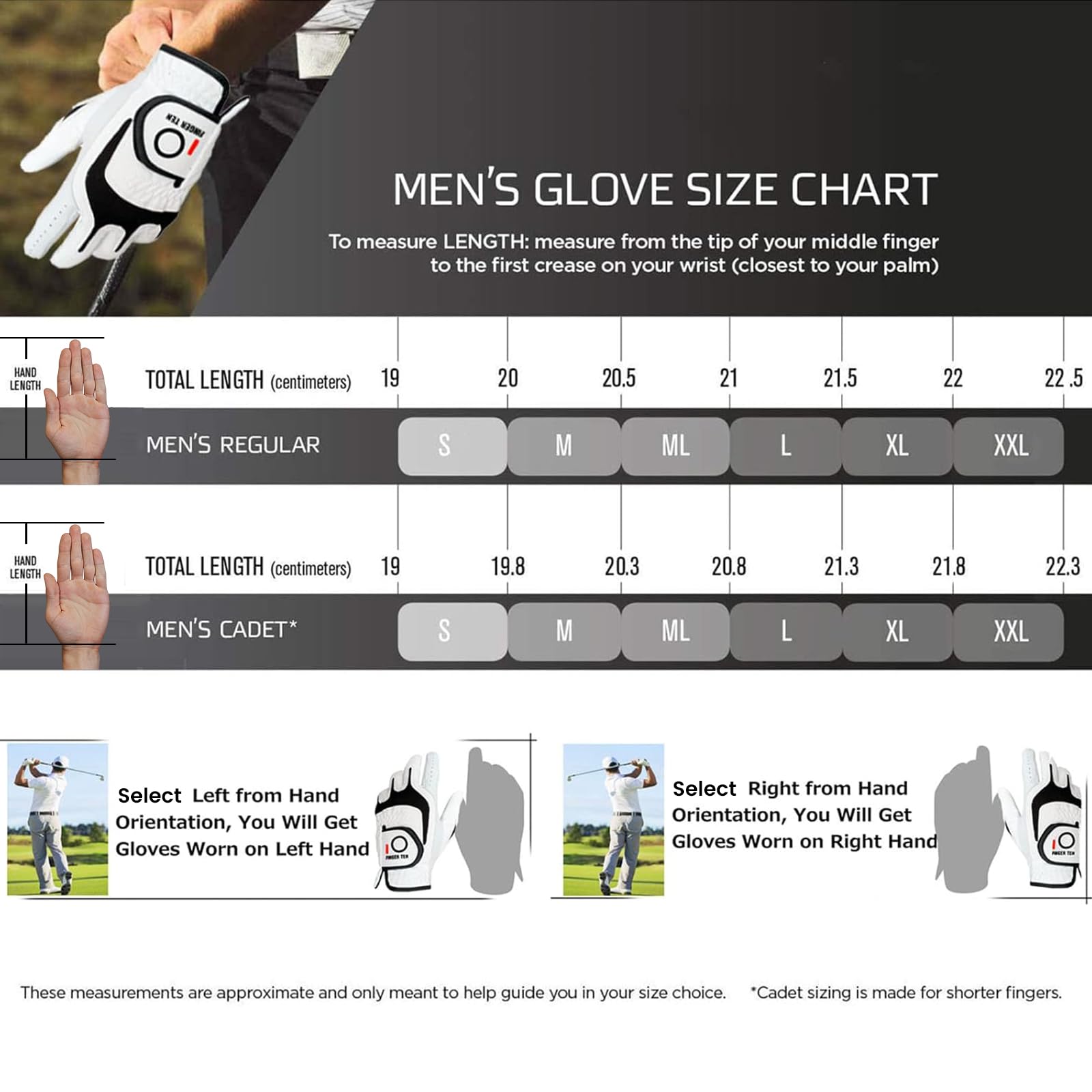 FINGER TEN Golf Gloves Men Right Left Handed Golfer 3/6 Pack Mens Golf Glove Left Right Hand Soft Cabretta Leather All Weather Grip Size S M ML L XL (White-3 Pack, Medium, Left)