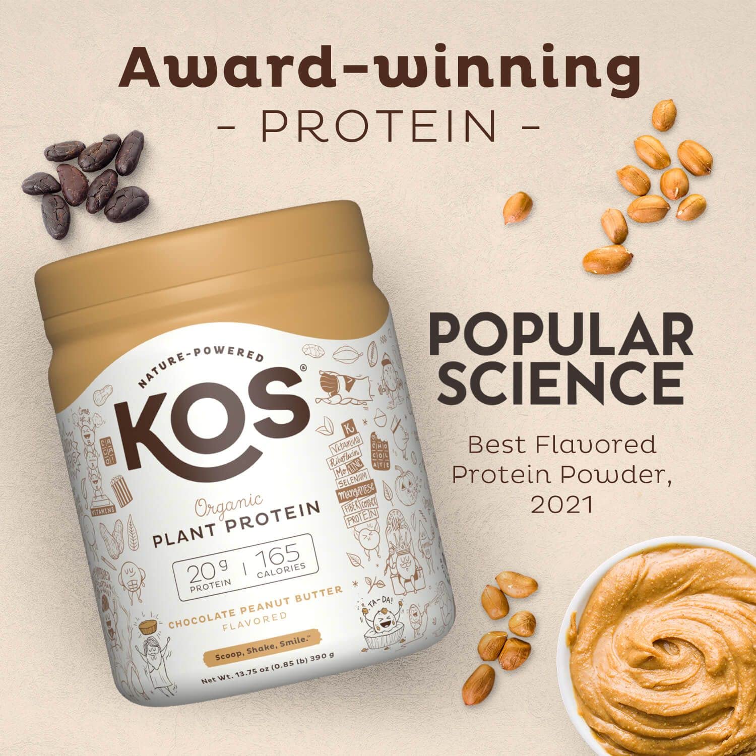 KOS Vegan Protein Powder, Chocolate Peanut Butter - Low Carb Pea Protein Blend, USDA Organic Superfood with Vitamins & Minerals - Keto, Soy, Dairy Free - Meal Replacement for Women & Men - 10 Servings