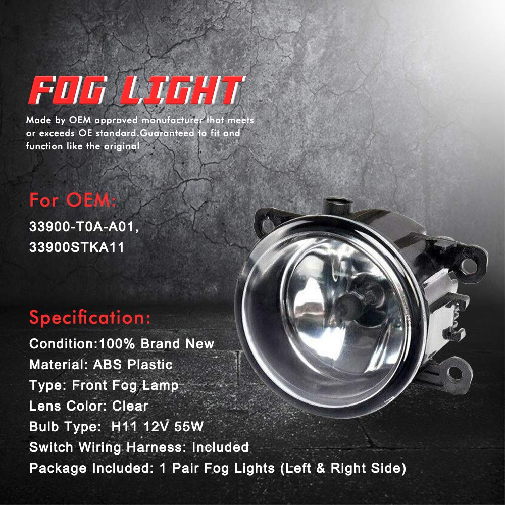 Driving Fog Lights Lamps Replacement for Acura Honda 5 500 S-Type X-Type XK LS Ford Freestyle Ranger Focus Suzuki With H11 12V 55W Halogen Bulbs ​Repalaces 33900STKA11 4F9Z15200A (Clear Lens)