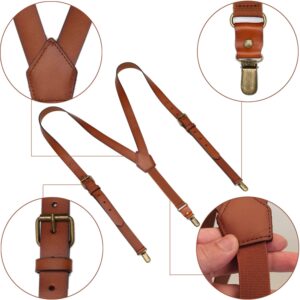 EURYNOME Leather Suspenders For Men Wide Genuine Leather Suspenders Adjustable Brown Personalized groomsmen gifts