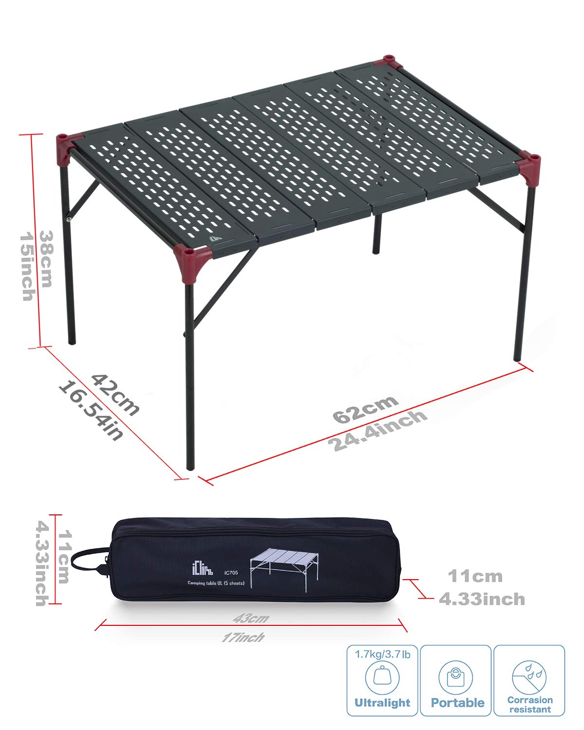 iClimb Extendable Folding Table Large Tabletop Area Ultralight Compact with Hollow Out Tabletop for Camping Backpacking Beach Concert BBQ Party, Three Size (Black - XL + Hanger)