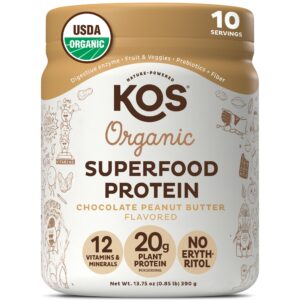 kos vegan protein powder, chocolate peanut butter - low carb pea protein blend, usda organic superfood with vitamins & minerals - keto, soy, dairy free - meal replacement for women & men - 10 servings