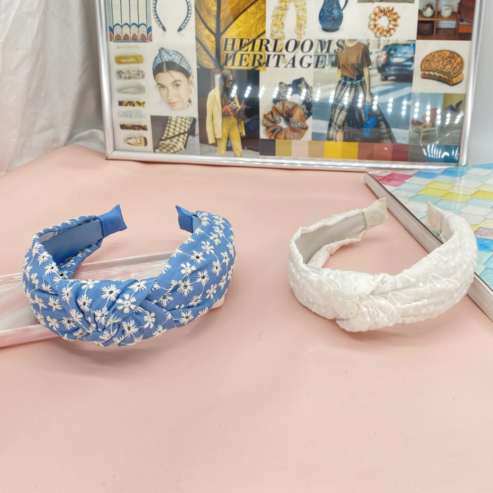 BEGOOD Headbands for Women Embroidery Knotted Headband White Hairband Fashion Top Knot Hairbands Designer Wide Head Band Girls Headbands Hair Accessories 2Pcs Vintage Floral