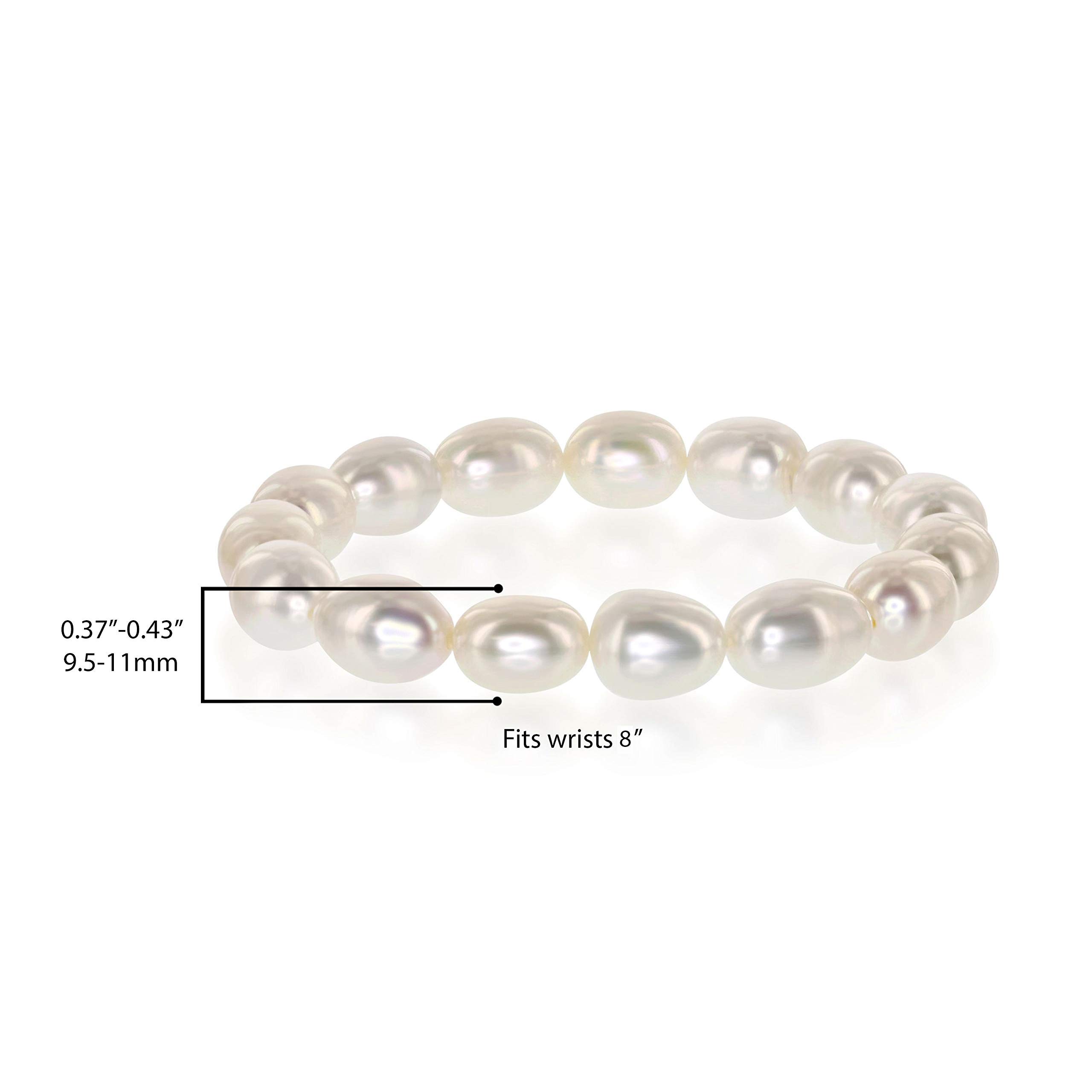 9.5mm-11mm AAAA White Semi-Baroque Oval Freshwater Cultured Pearl Bride & Bridesmaid Stretch Strand Bracelet - 8"