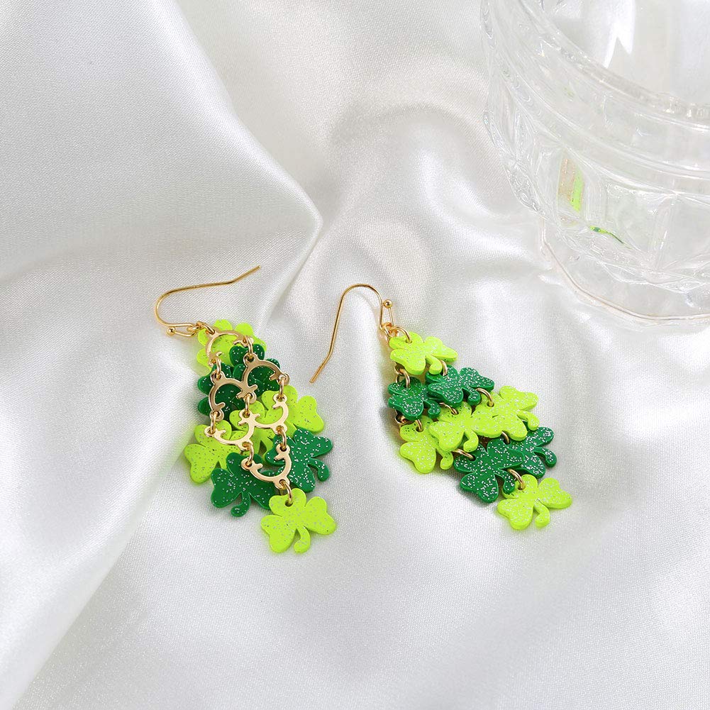 St. Patrick's Day Shamrock Dangle Earrings Gold Pleated Green Layered Lucky Clover Earrings Irish St. Patricks Day Jewelry Gift For Women