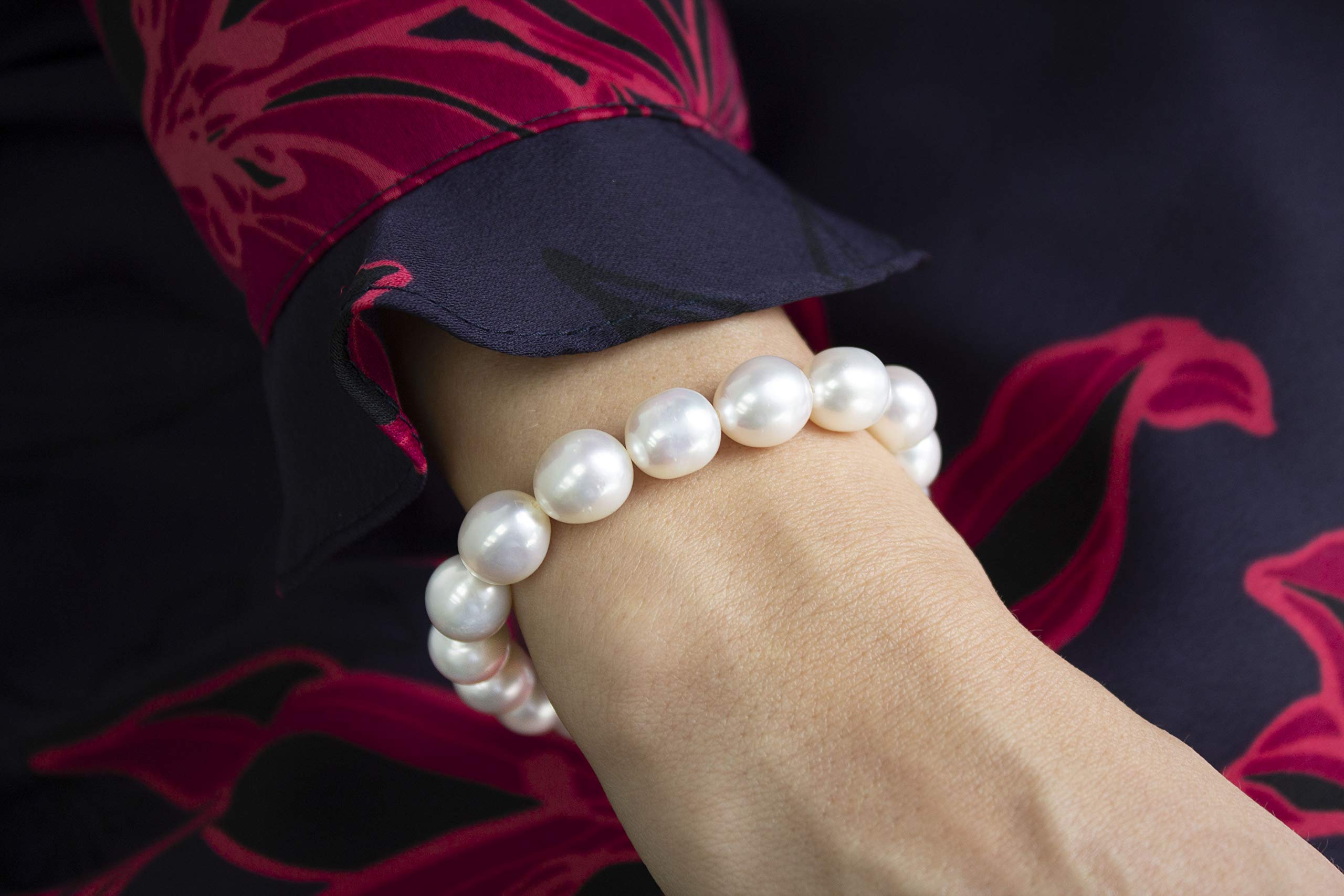 9.5mm-11mm AAAA White Semi-Baroque Oval Freshwater Cultured Pearl Bride & Bridesmaid Stretch Strand Bracelet - 8"