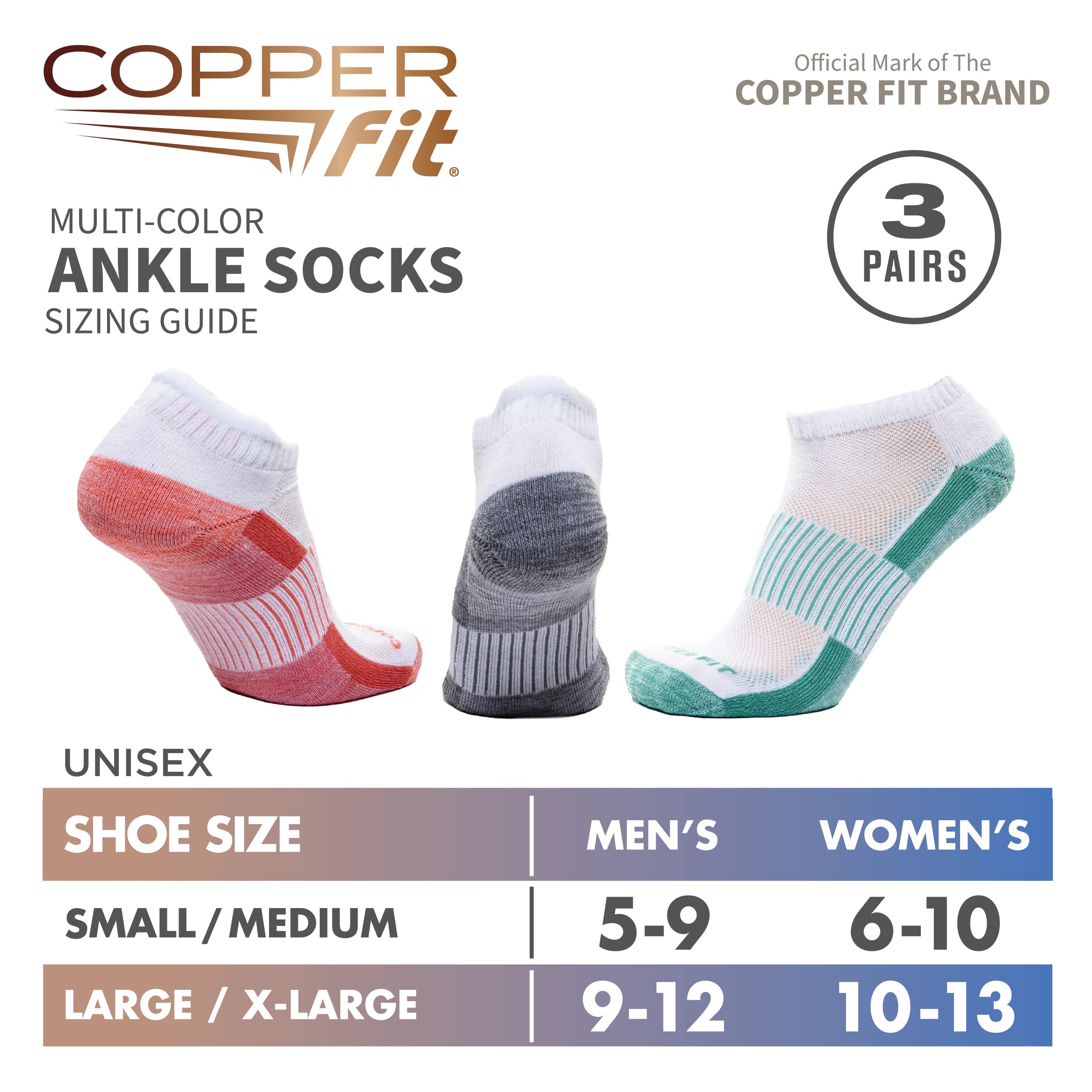 Copper Fit unisex adult Ankle Length Sport Socks, White, Large-X-Large US