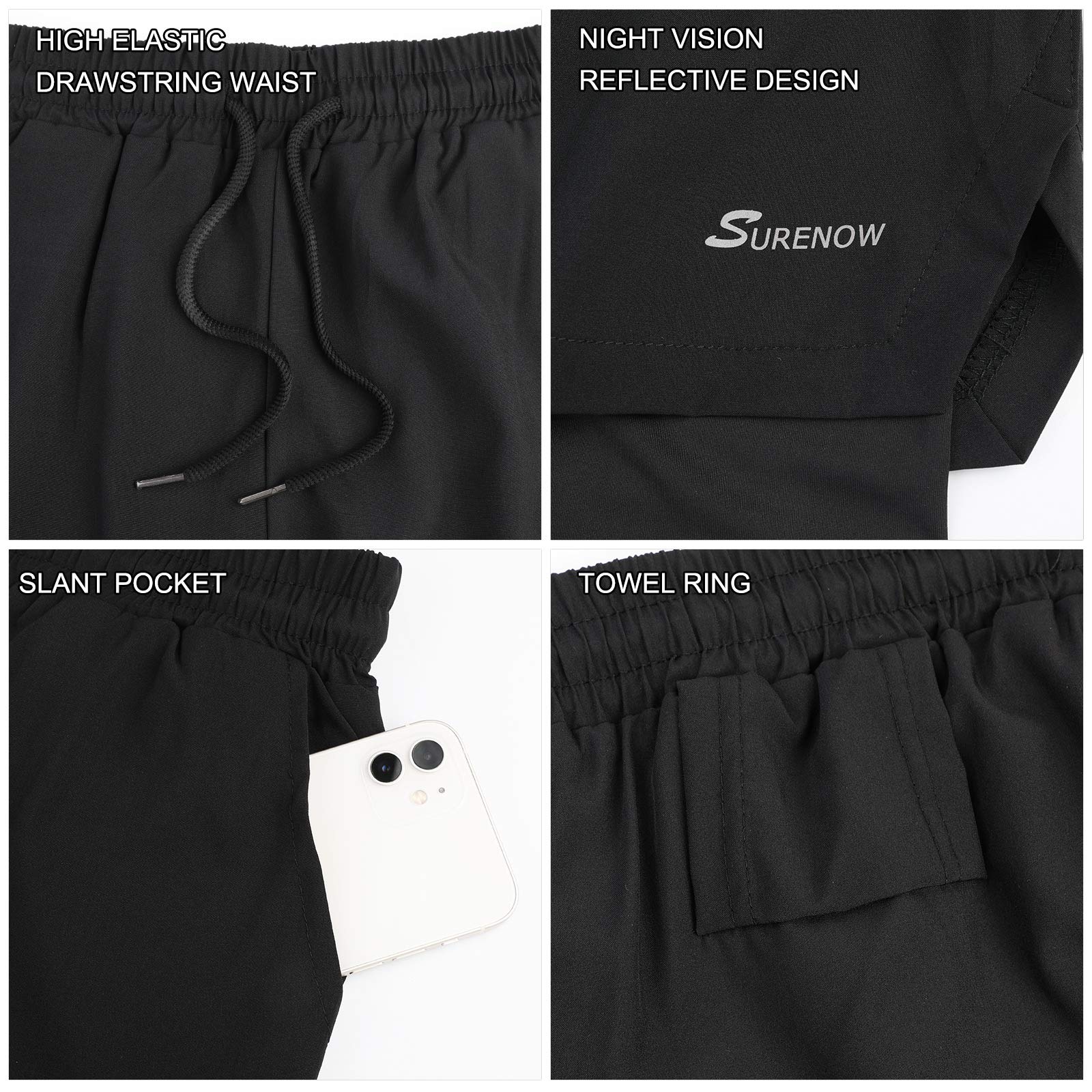 Surenow Mens 2 in 1 Running Shorts Quick Dry Athletic Shorts with Liner, Workout Shorts with Zip Pockets and Towel Loop Black