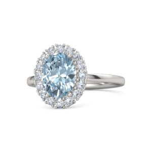 PB Collection Oval Blue Aquamarine and Diamond Halo Engagement Ring in 925 Sterling Silver 7