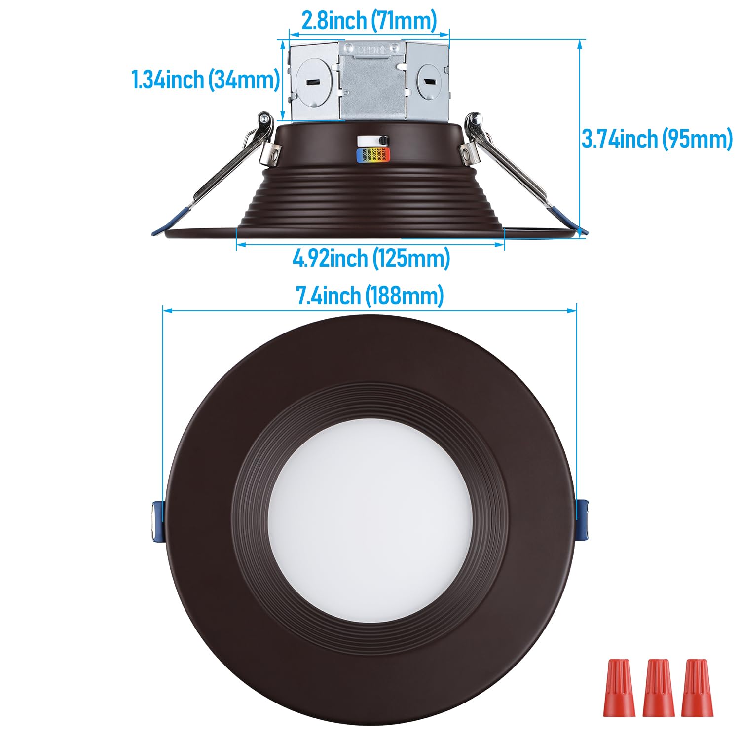 TORCHSTAR 8-Pack 5CCT 6 Inch LED Integrated Canless LED Recessed Lighting with J-Box, Anti-Glare Deep Baffle, CRI90 Dimmable Ceiling Downlight, ETL ES, 2700K3000K3500K4000K5000K, Oil Rubbed Bronze