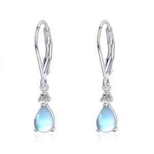 Moonstone Leverback Earrings for Women 925 Sterling Silver Teardrop Bridal Dangle Earrings Moonstone Dewdrop Earrings Moonstone Jewelry Gifts for Daughter Ladies Hypoallergenic Earrings