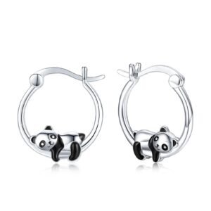 JUSTKIDSTOY Hypoallergenic Panda Hoop Earrings for Women Girls Sterling Silver Small Animal Huggie Hoop Earrings for Sensitive Ears Panda Jewelry Graduation Gifts for Daughter