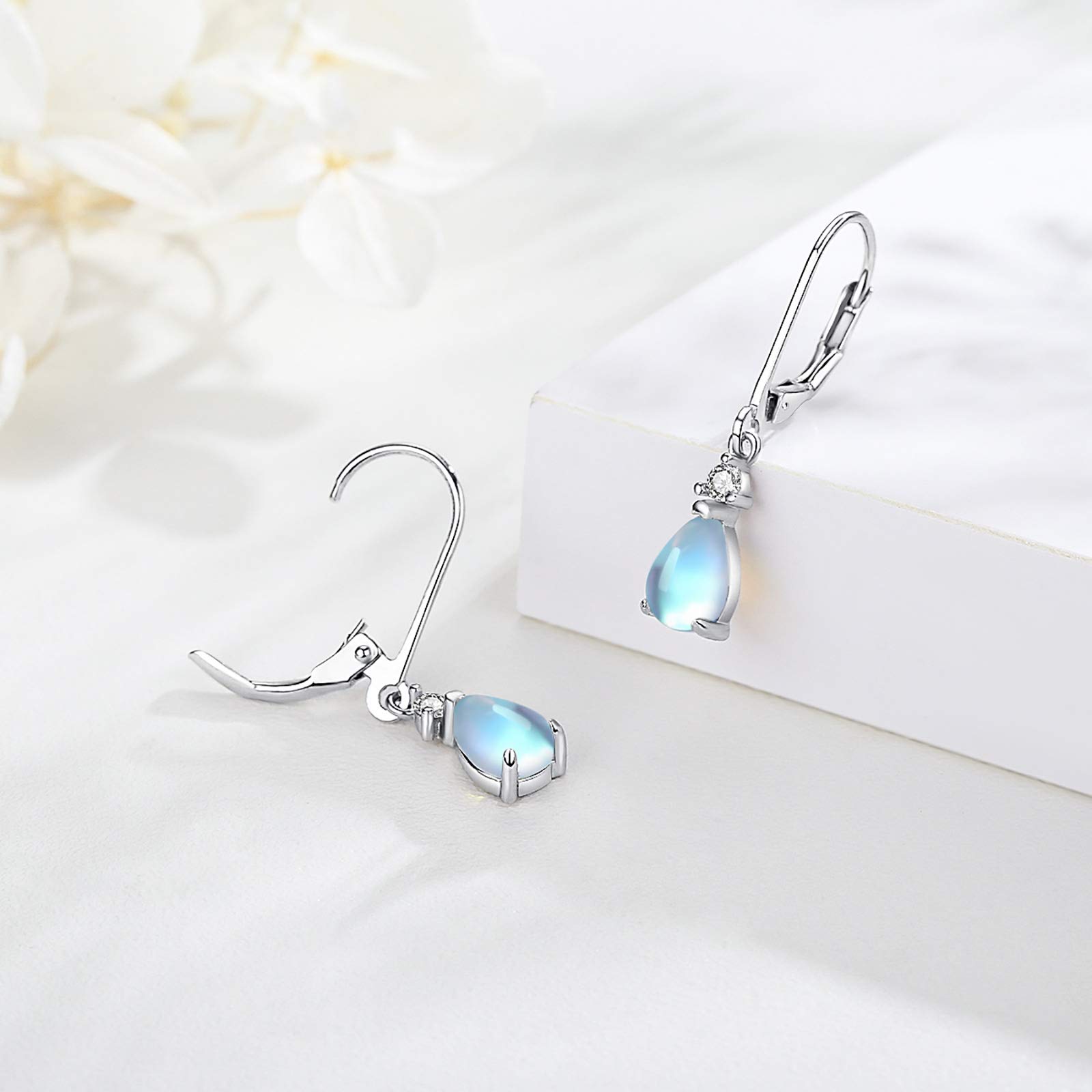 Moonstone Leverback Earrings for Women 925 Sterling Silver Teardrop Bridal Dangle Earrings Moonstone Dewdrop Earrings Moonstone Jewelry Gifts for Daughter Ladies Hypoallergenic Earrings