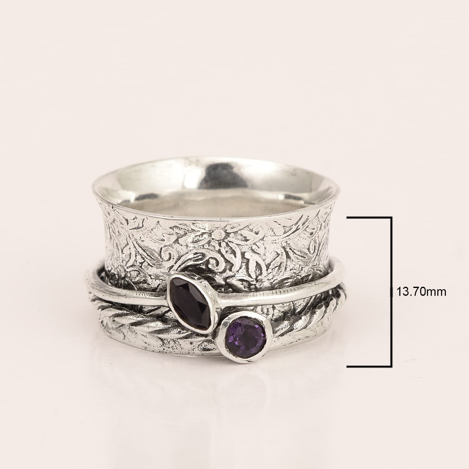 Shine Jewel Spinner Ring with Gemstones 925 Sterling Silver Fidget Band Meditation Ring for Men Women Anxiety Stress Relieving (Purple Amethyst, 9)