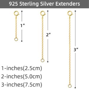 Gold Necklace Extenders 14k Gold Plated Extender Chain 925 Sterling Silver Extension Bracelet Extender Gold Chain Extenders for Necklaces 3 Pcs (1 2 3 Inch)(Gold)