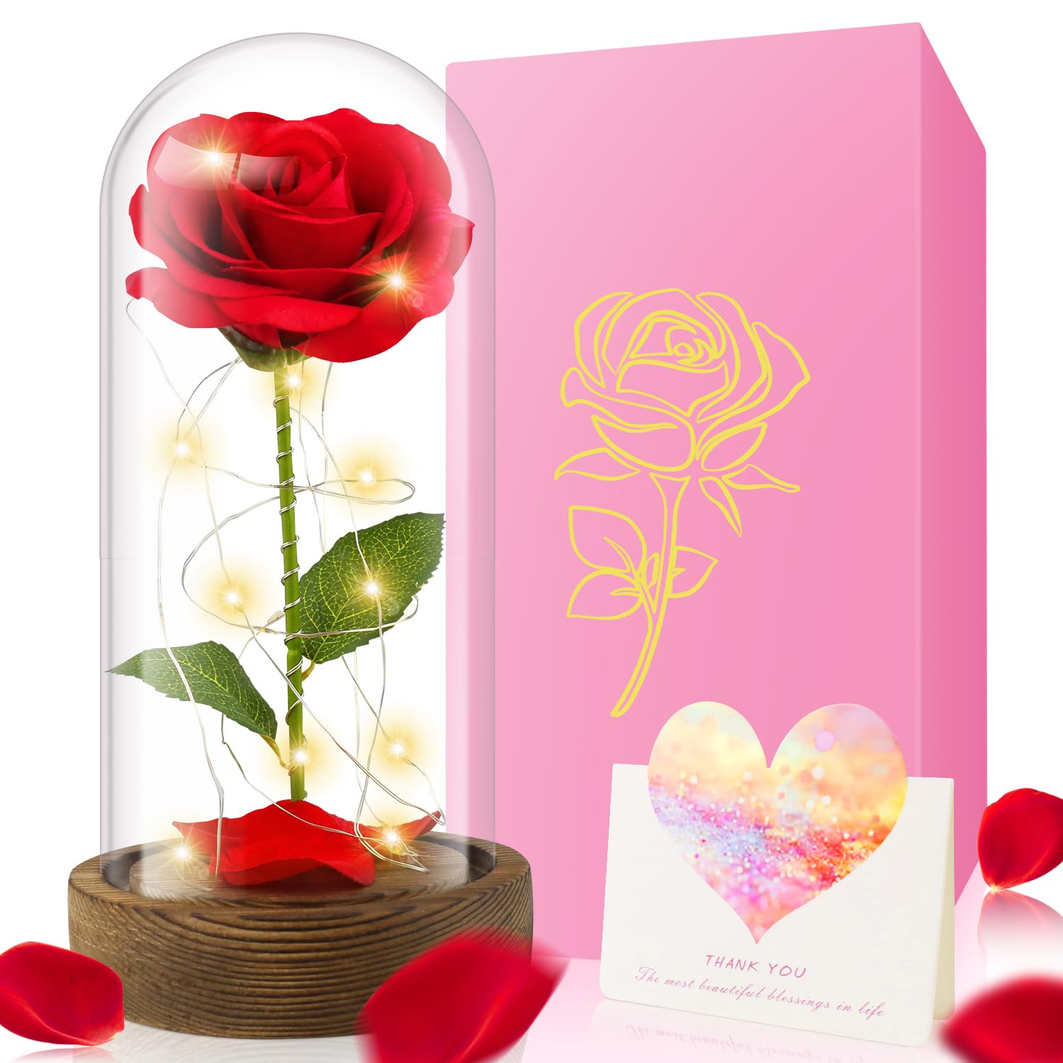 Refresh 2023 Beauty and The Beast Rose, Enchanted Red Silk Rose in Glass Dome with LED Light Romantic Rose Kit for Best Gifts Valentine's Day& Girlfriend& Wedding Anniversary& Birthday.