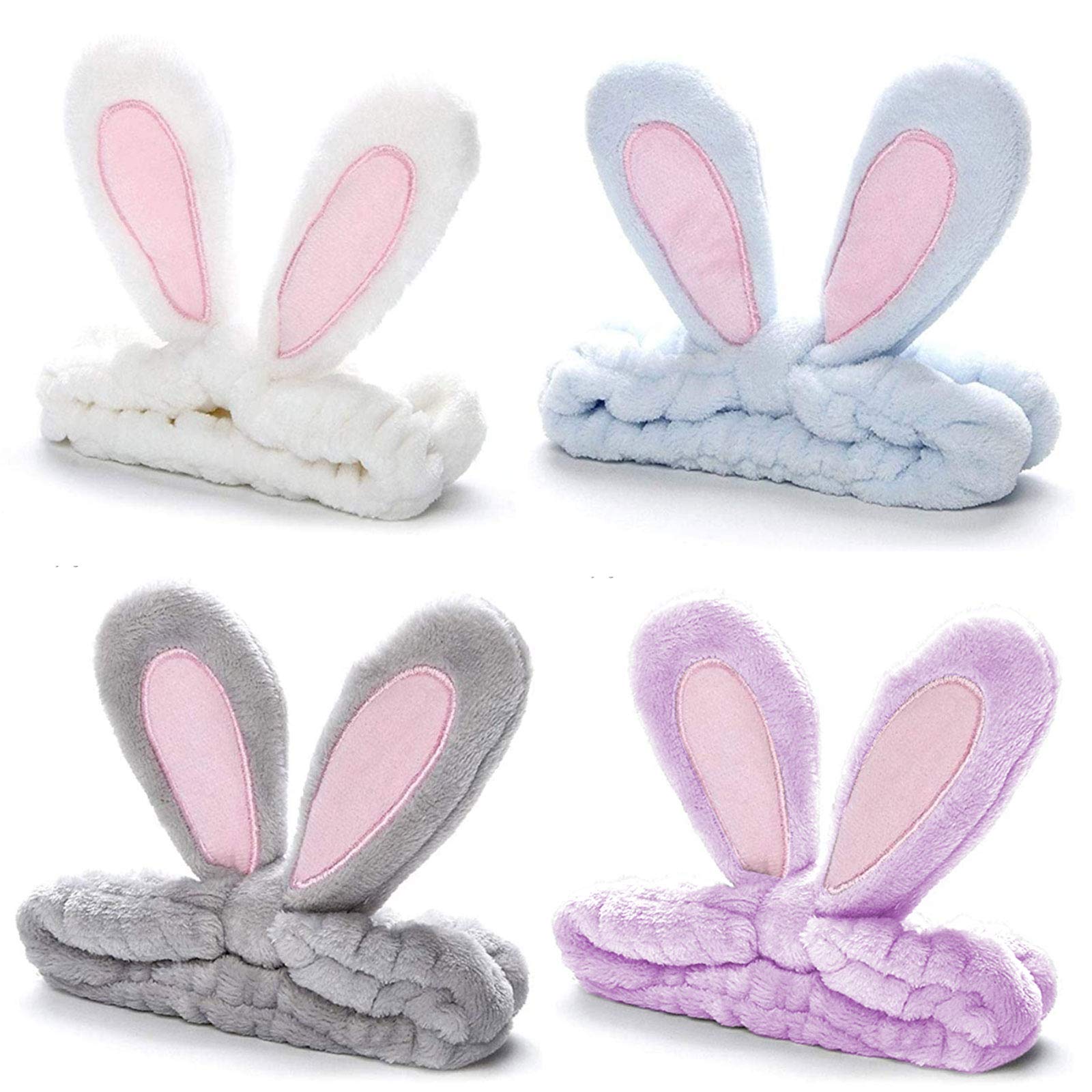 Whaline 4 Pack Easter Bunny Makeup Headband Rabbit Ear Spa Hair Band Coral Fleece Elastic Head Wrap Stretchy Headband for Party Face Washing Beauty Shower Women Girls (Blue, White, Gray, Purple)