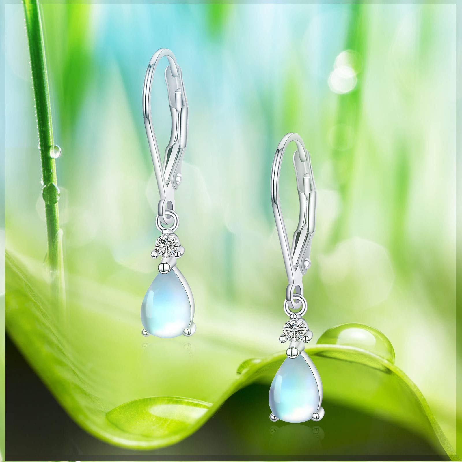 Moonstone Leverback Earrings for Women 925 Sterling Silver Teardrop Bridal Dangle Earrings Moonstone Dewdrop Earrings Moonstone Jewelry Gifts for Daughter Ladies Hypoallergenic Earrings